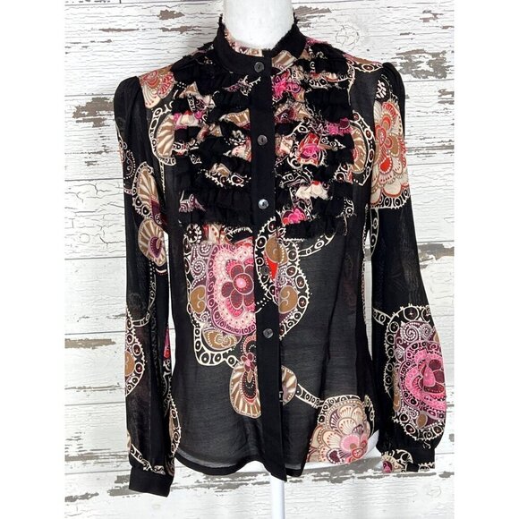 TRINA TURK Semi Sheer Silk Blend Mesh Button Up Blouse Black Floral Sz 4 EUC - Picture 1 of 5